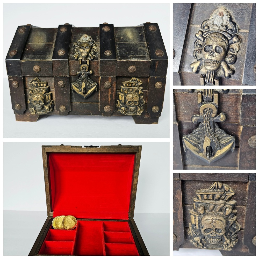 Vtg Pirate Treasure Chest Jewelry Box‎ Wood Skull Anchor Steampunk Gothic Gold